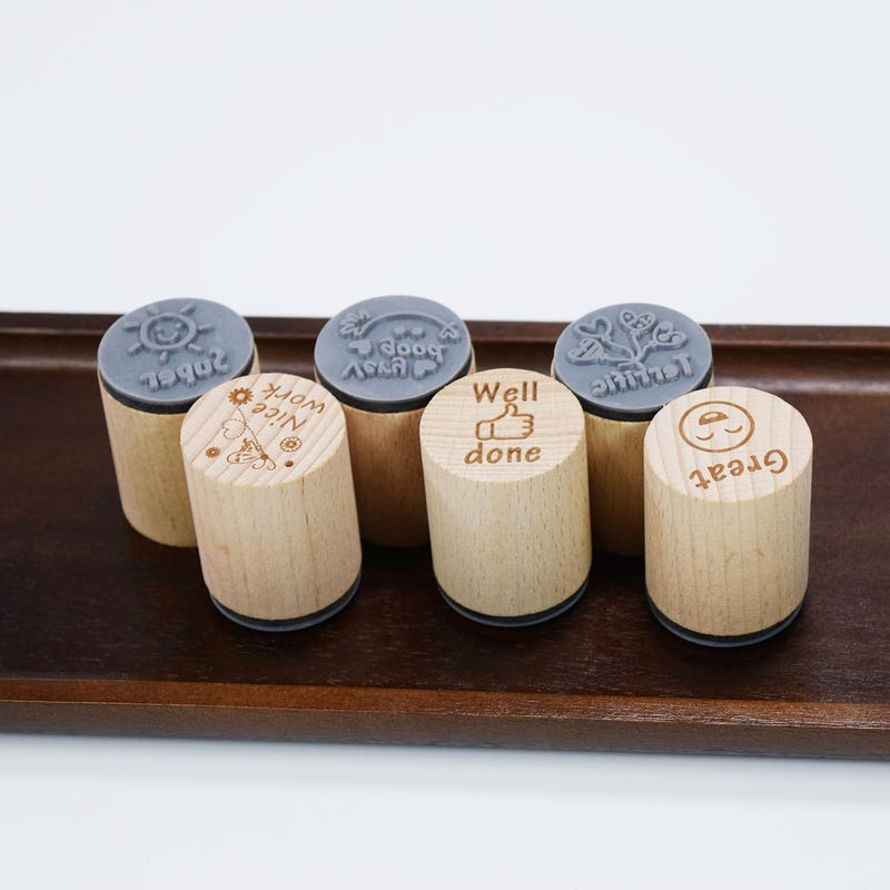 happylain 6 PCS Round Wood Rubber Stamp for School Teachers English Toy Stamp - Image 4